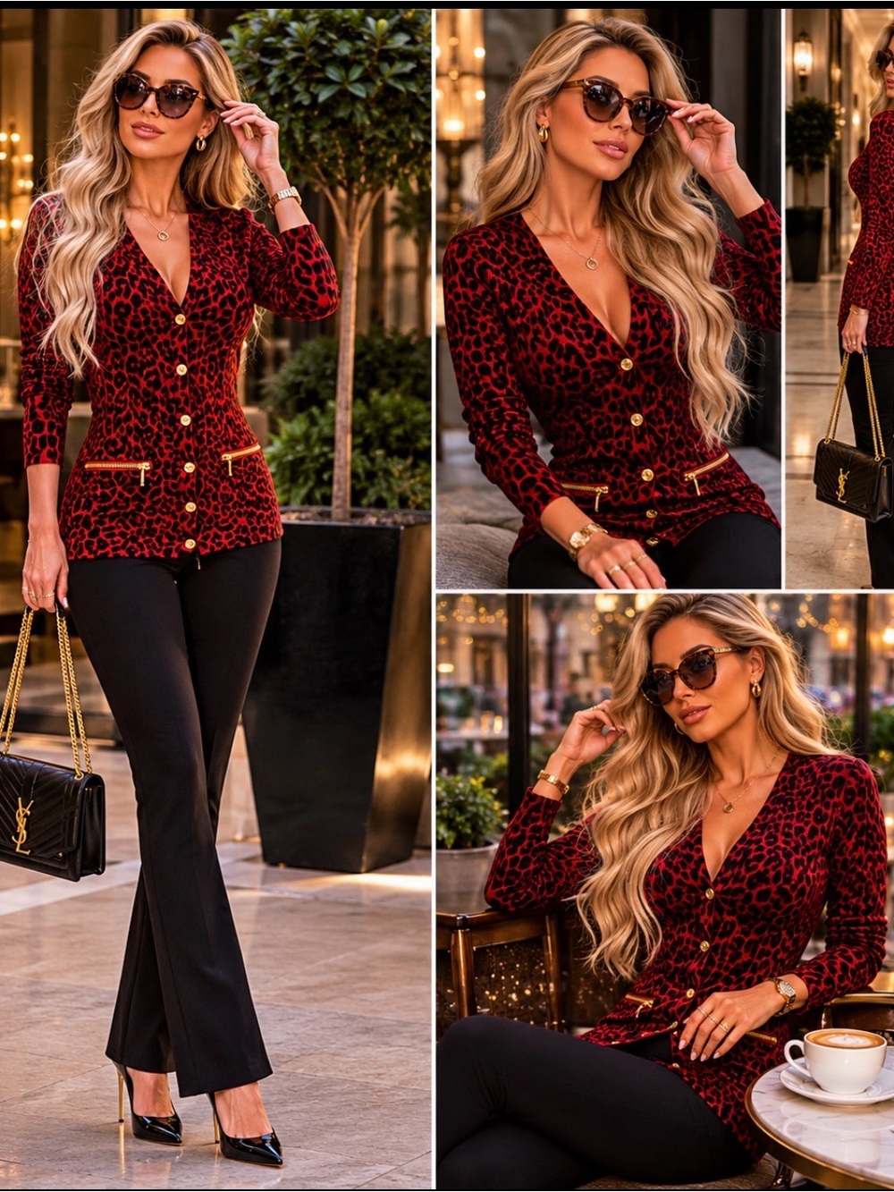 Michael Kors Red Leopard Print Cardigan Sweater Gold Zip Pockets Size M.